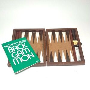 Vintage Travel BACKGAMMON SET w/ Brown Faux Leather Case & Instructions